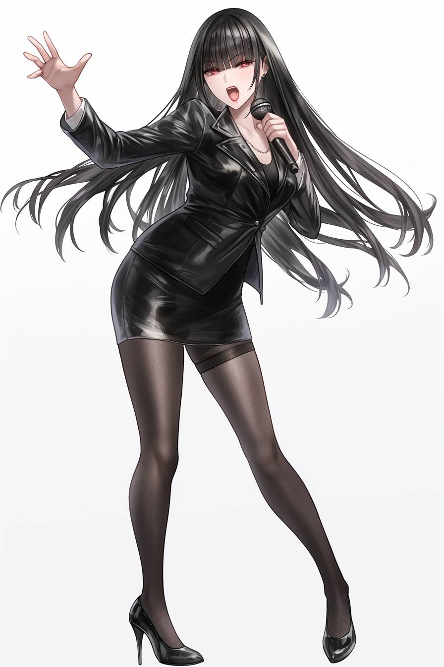 A Chinese beauty in a black leather blazer dress, with long black hair, high heels, and stockings, passionately singing with a microphone.