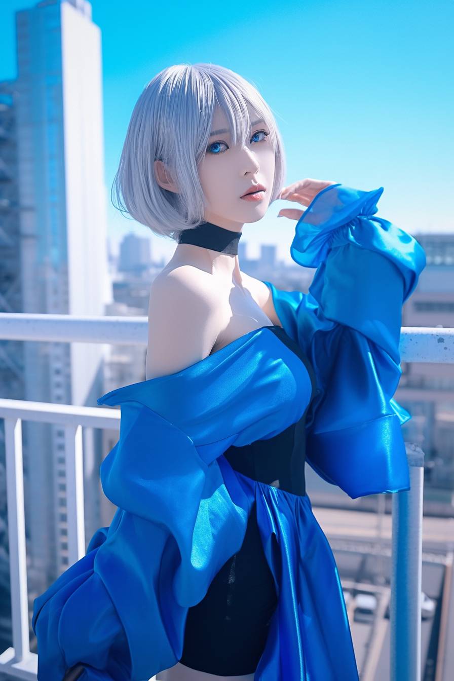 Chanteuse emblématique déguisée en Rei Ayanami, style minimaliste futuriste avec une robe bleue métallique, simple et élégante, maquillage naturel et éthéré, devant un paysage urbain moderne.