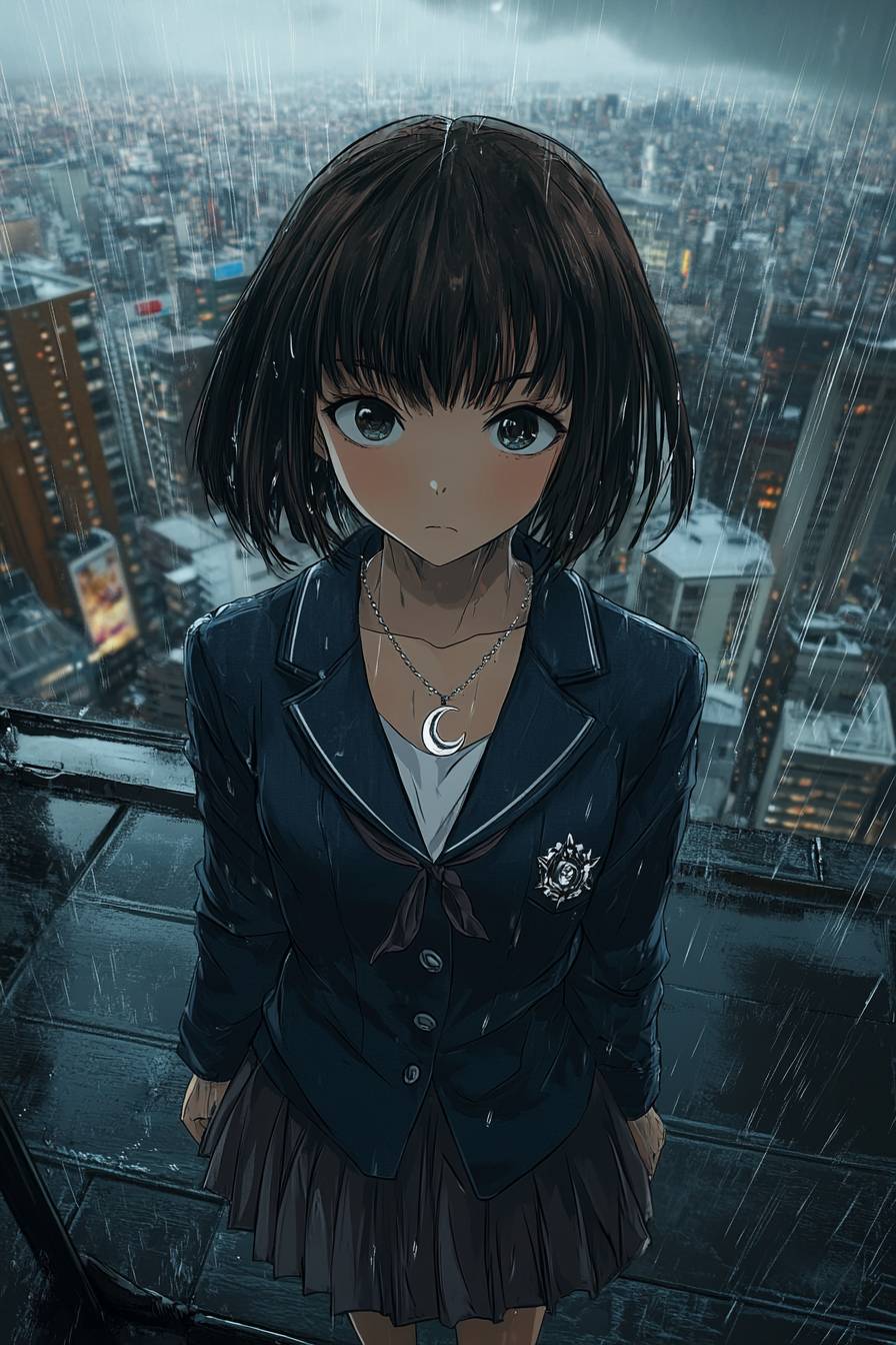 Tsumiki de Jujutsu Kaisen usa um blazer azul-marinho e uma saia plissada em um telhado encharcado de chuva.