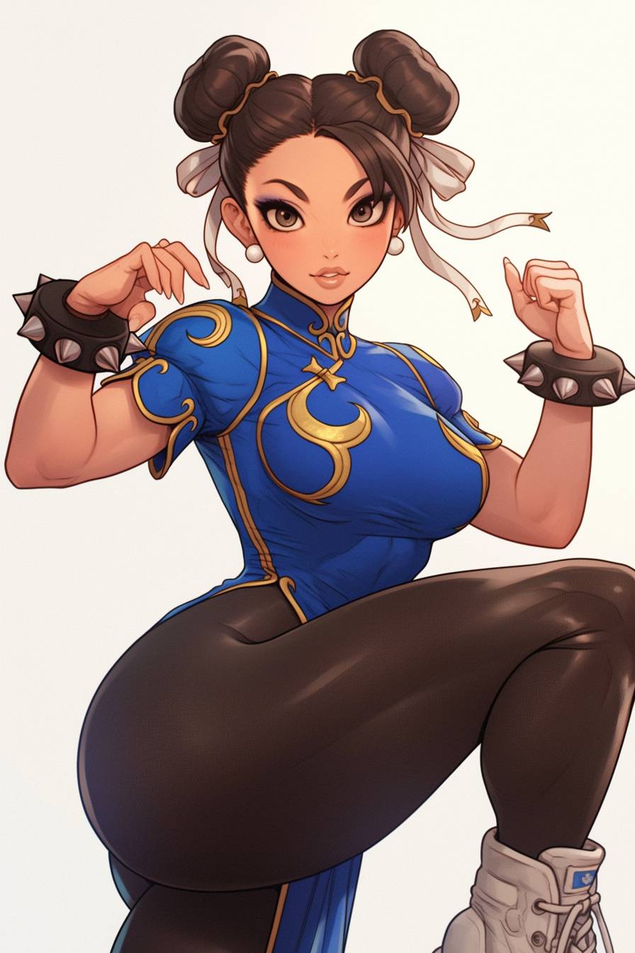 Una estrella pop disfrazada de Chun-Li, vestida con una parte superior inspirada en un qipao azul con detalles dorados, botas altas y legging negros, mostrando un look deportivo y femenino.