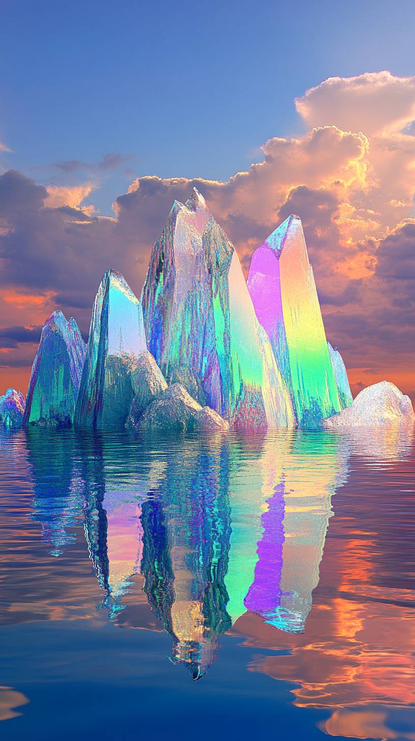 Surreal ocean with floating crystal islands in vibrant colors.