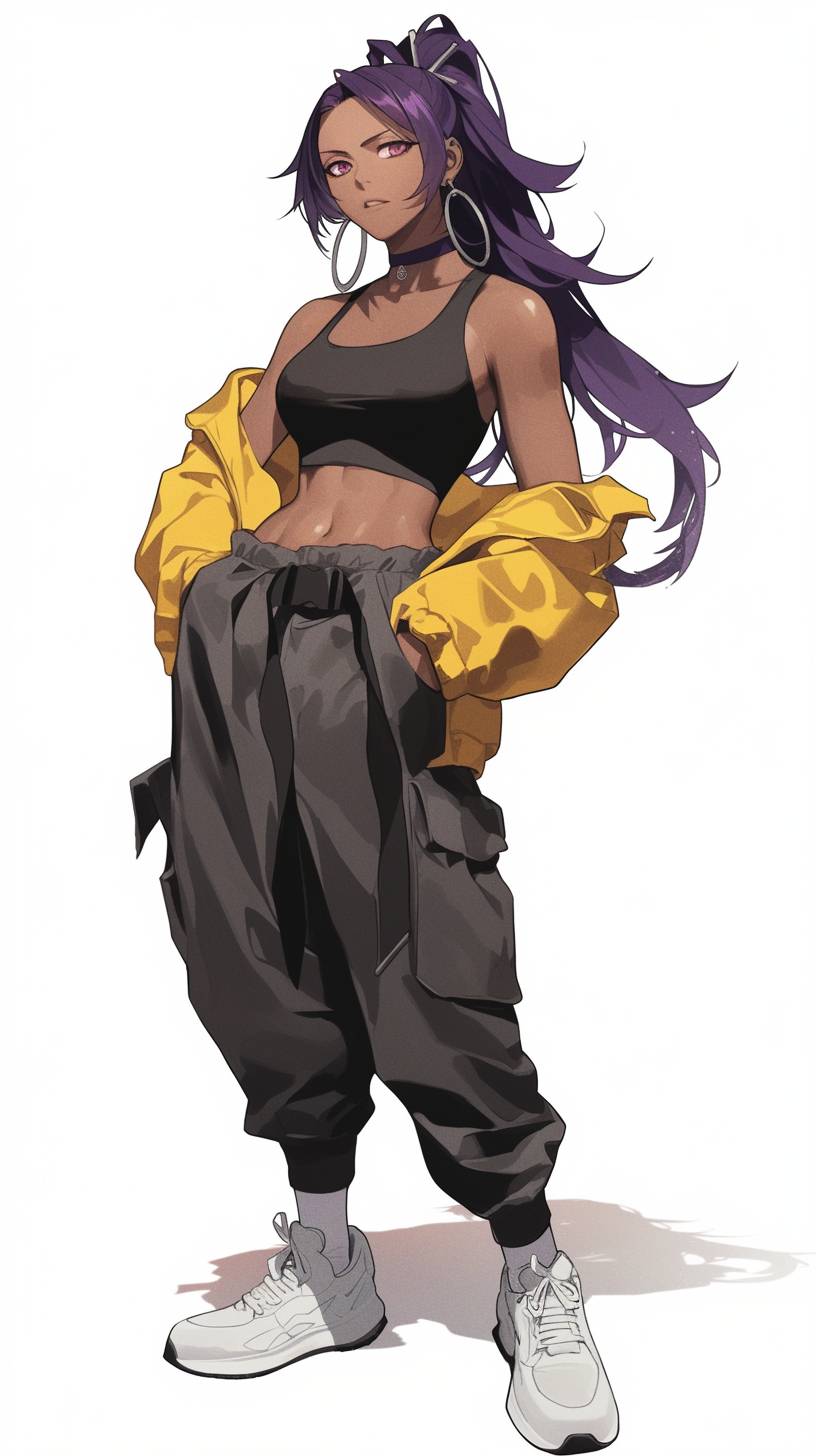 Yoruichi Shihouin de Bleach en débardeur noir et pantalon cargo ample, parfait pour un entraînement de printemps.