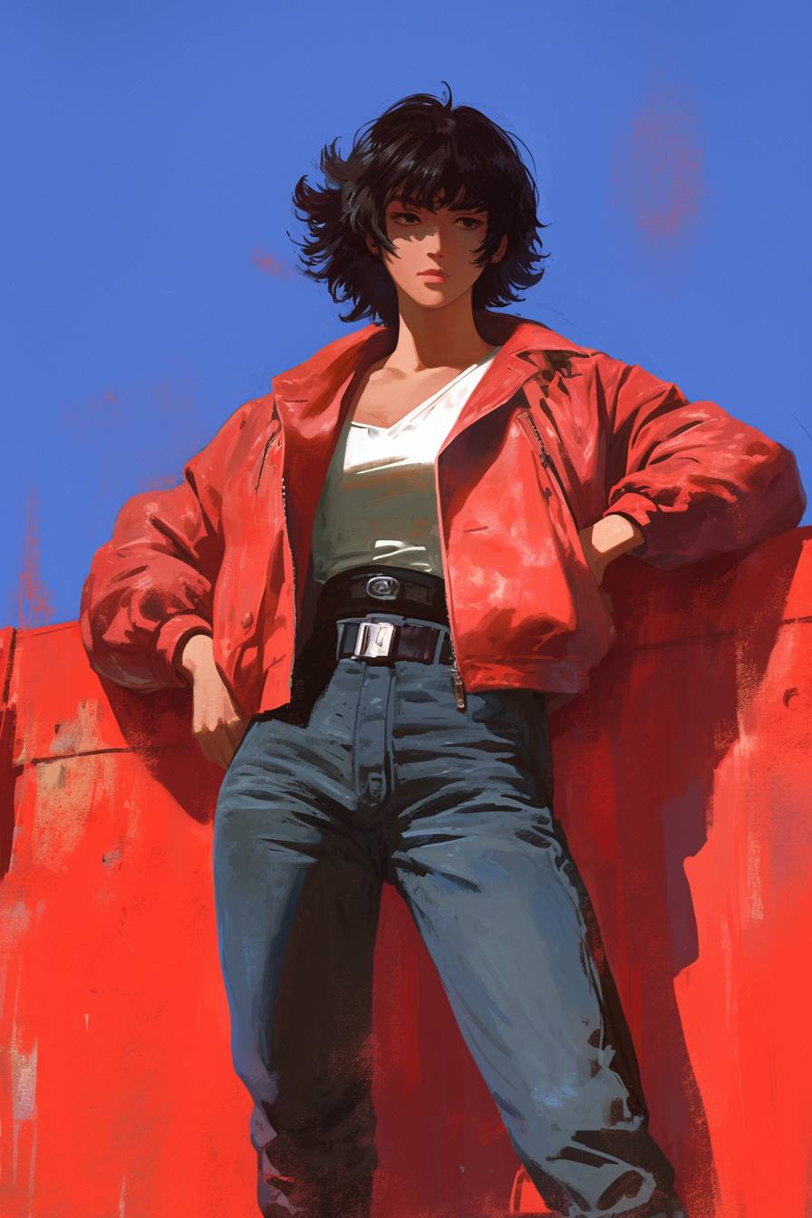 Famosa actriz como Akira Fudo, con un estilo punk urbano, chaqueta bomber roja, jeans desgastados y botas de combate.