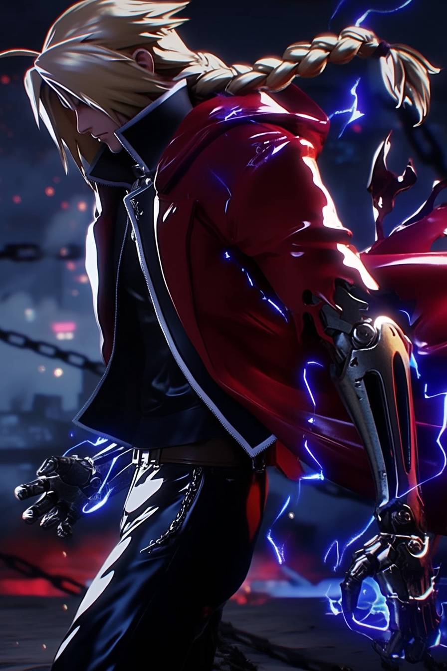 Edward Elric veste um casaco vermelho, roupa preta e uma trança dourada.