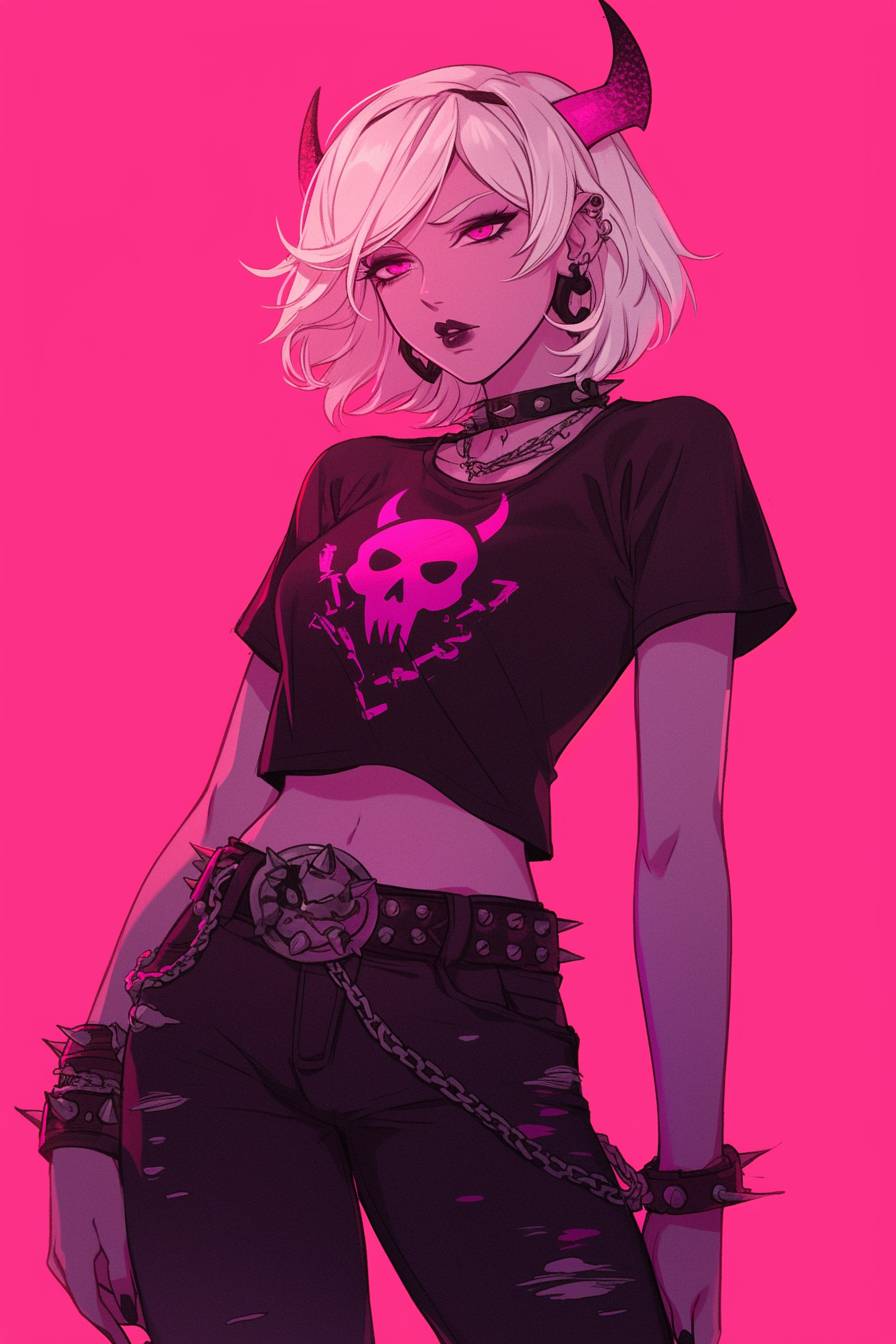 Rosa Lalonde porte un t-shirt à esthétique sombre, un jean déchiré et des accessoires audacieux.