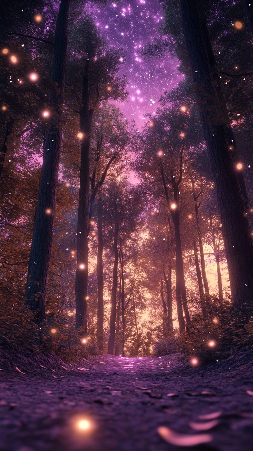 Une forêt violette sous un ciel étoilé de rêve avec des lumières douces.