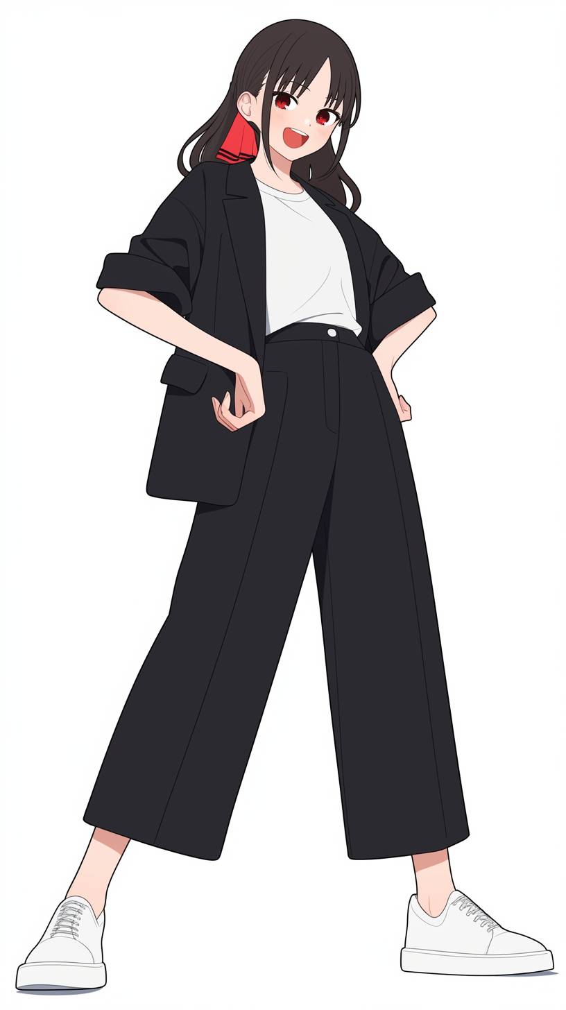 Kaguya Shinomiya porte un blazer noir élégant, une chemise blanche et un pantalon taille haute, dégageant une ambiance à la fois élégante et décontractée.