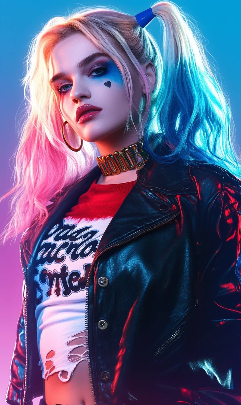 Hollywood star dressed as Harley Quinn in colorful punk fashion with a leather jacket, oversized graphic tee, red and blue neon accents, playful makeup, and a mischievous grin.