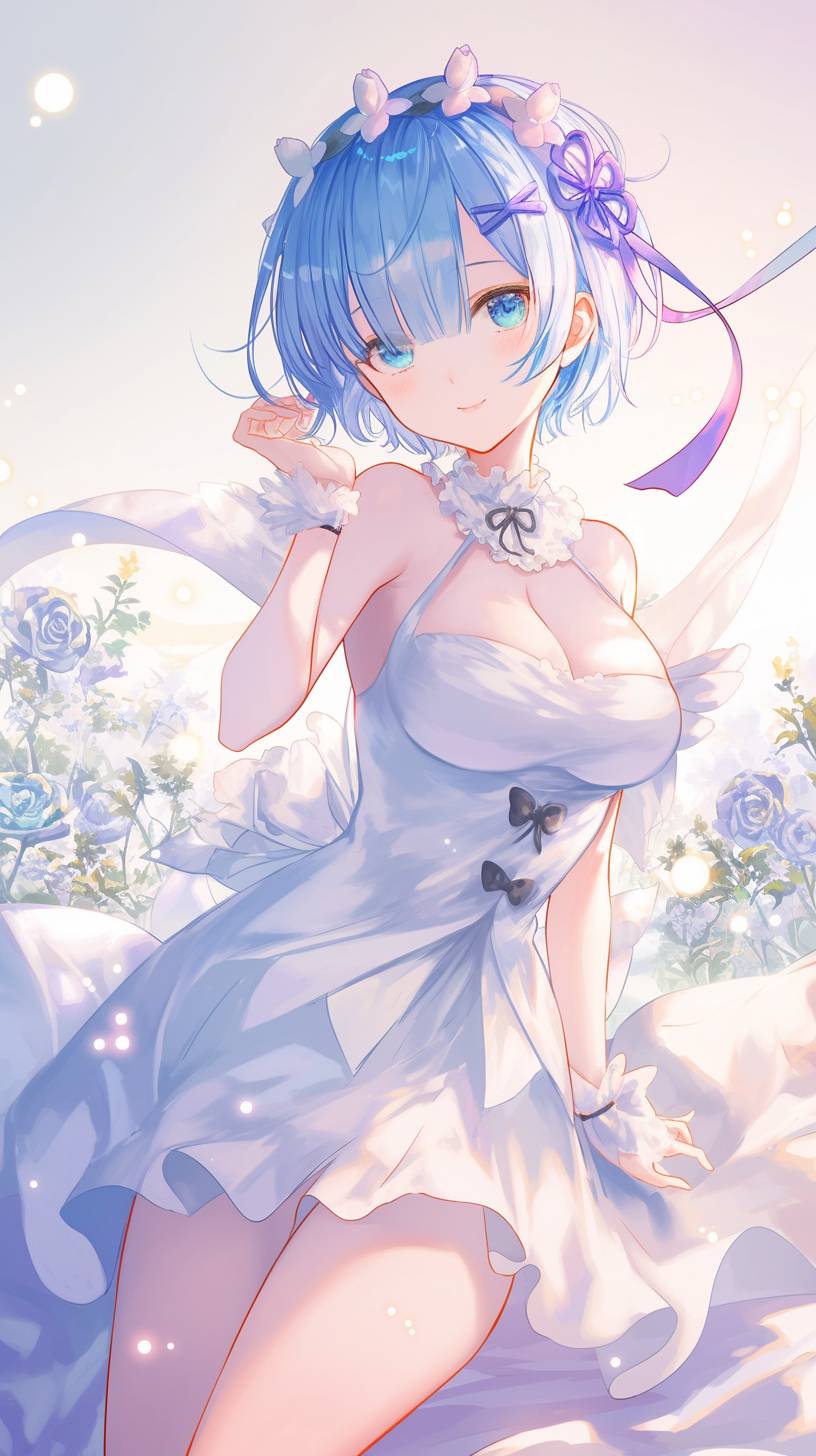 Rem from Re:Zero wears an elegant flowy dress with delicate accessories, showcasing a soft and romantic style.