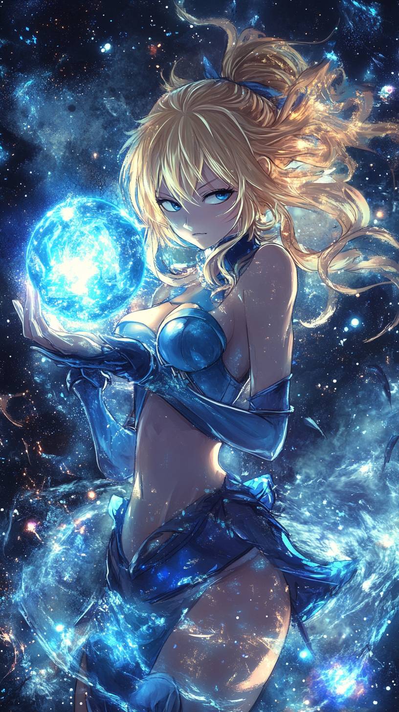 Lucy Heartfilia de Fairy Tail, invocando un espíritu, con cabello rubio y vestido azul, en un fondo cósmico.