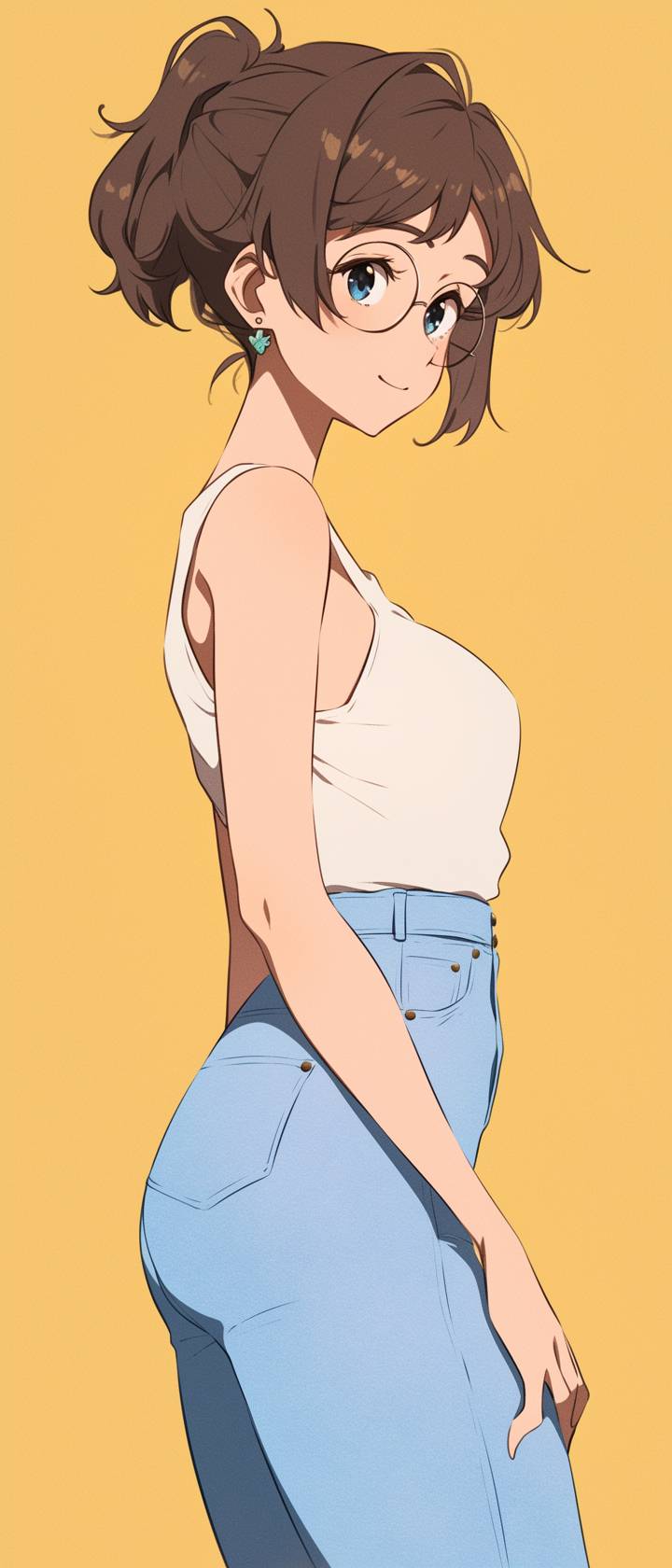 Mitsuki Mutou do Love Lab usa uma blusa branca sem mangas e jeans de cintura alta azul claro, mostrando uma vibe de primavera fofa e despreocupada.