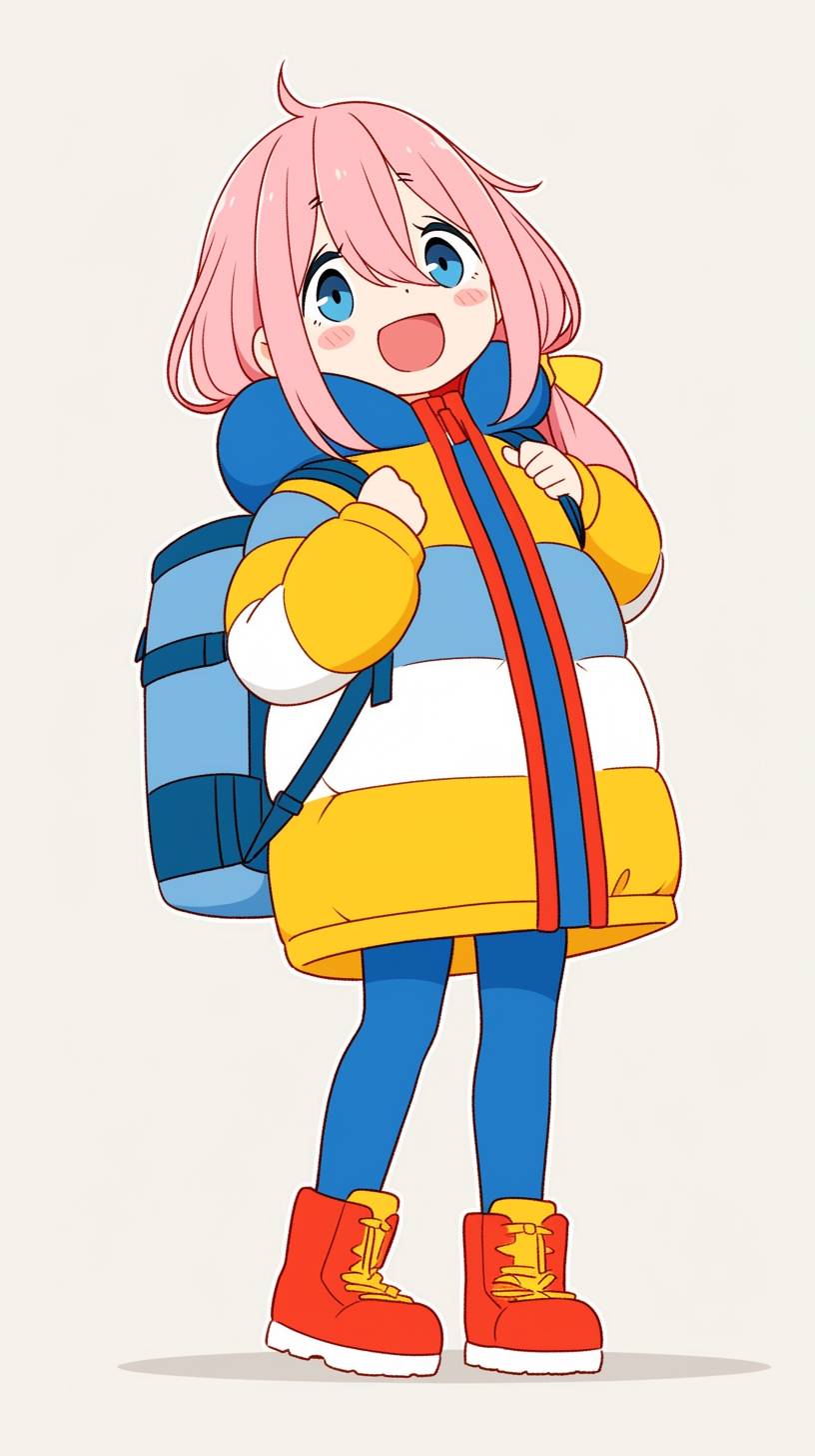 Nadeshiko Kagamihara de Laid-Back Camp porte une veste chaude et des bottes de randonnée, avec une expression sereine et détendue.