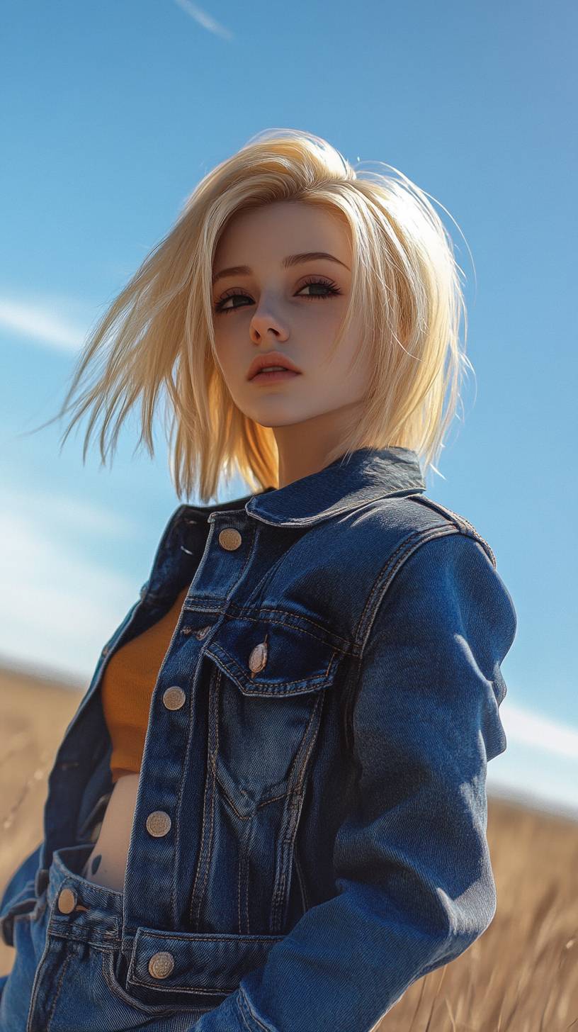 Android 18 from Dragon Ball Z wears a denim jacket, has blonde hair, strikes a cool pose against a wasteland horizon.