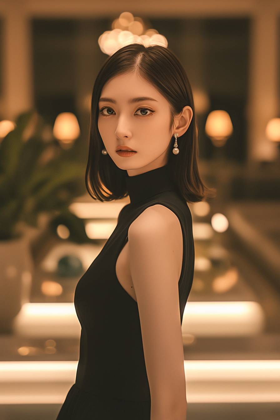 Eine modebewusste Schauspielerin wie Kaguya Shinomiya, elegant in einem modernen schwarzen Kleid, mit glattem Haar und Perlenohrringen, in einem luxuriösen minimalistischen Raum.