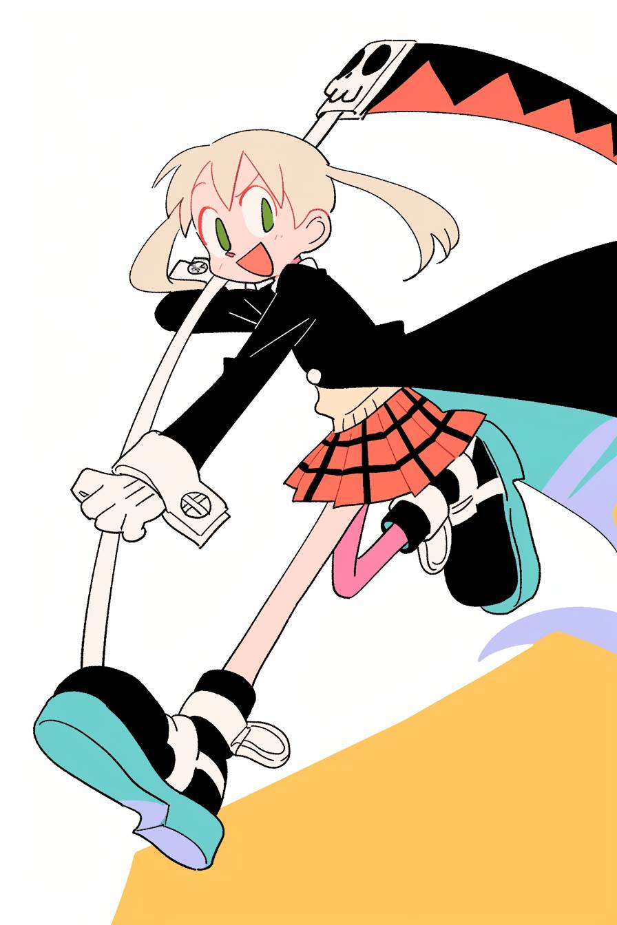 Maka Albarn from Soul Eater wears a red and black checkered skirt and holds a scythe.