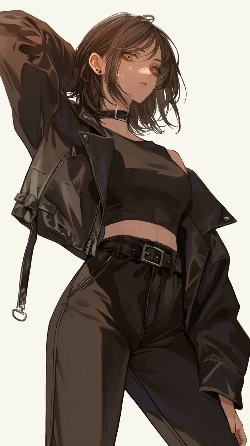 Yoru from Chainsaw Man showcases trendy street fashion with a leather jacket and high-waisted pants.