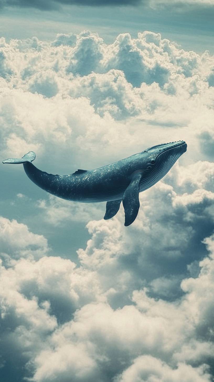 Giant whale swimming through clouds, surreal style, soft blues