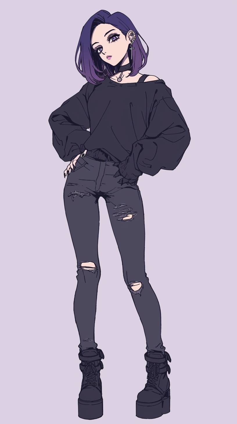 Raven from Teen Titans showcases a modern goth look with an oversized sweater and ripped jeans, embodying edgy urban fashion.