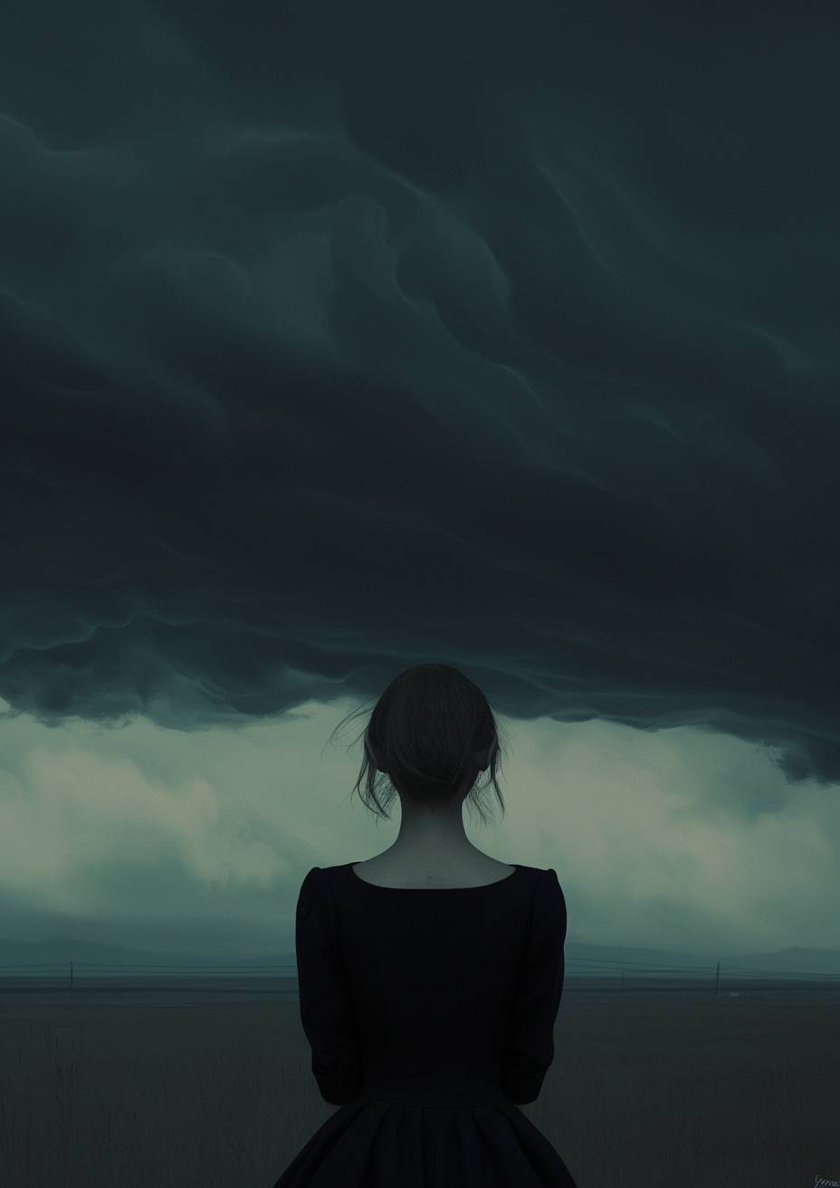 A Chinese girl stands on a vast grassland, gazing at an approaching storm.