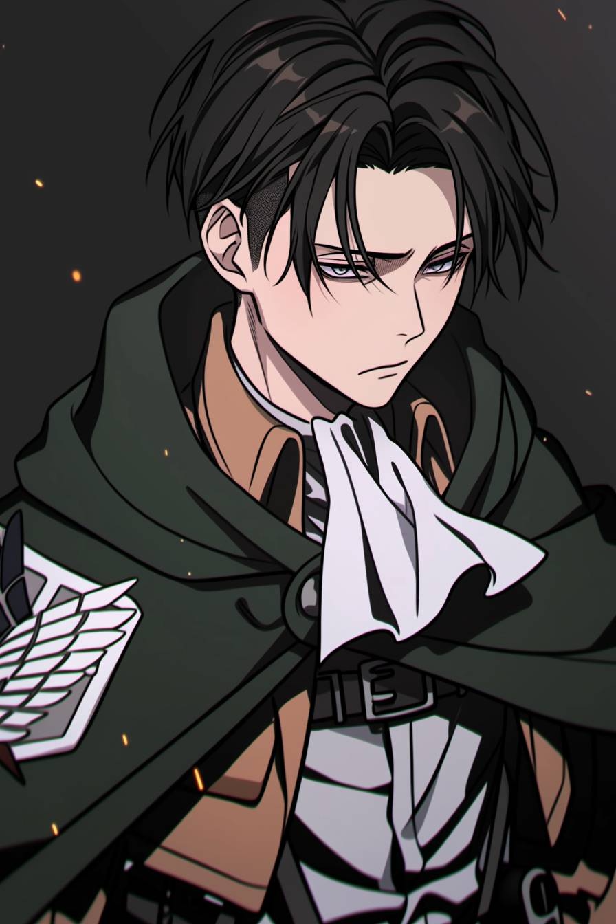 Levi wears the Survey Corps uniform with a green cloak, white cravat, and sleek black hair.