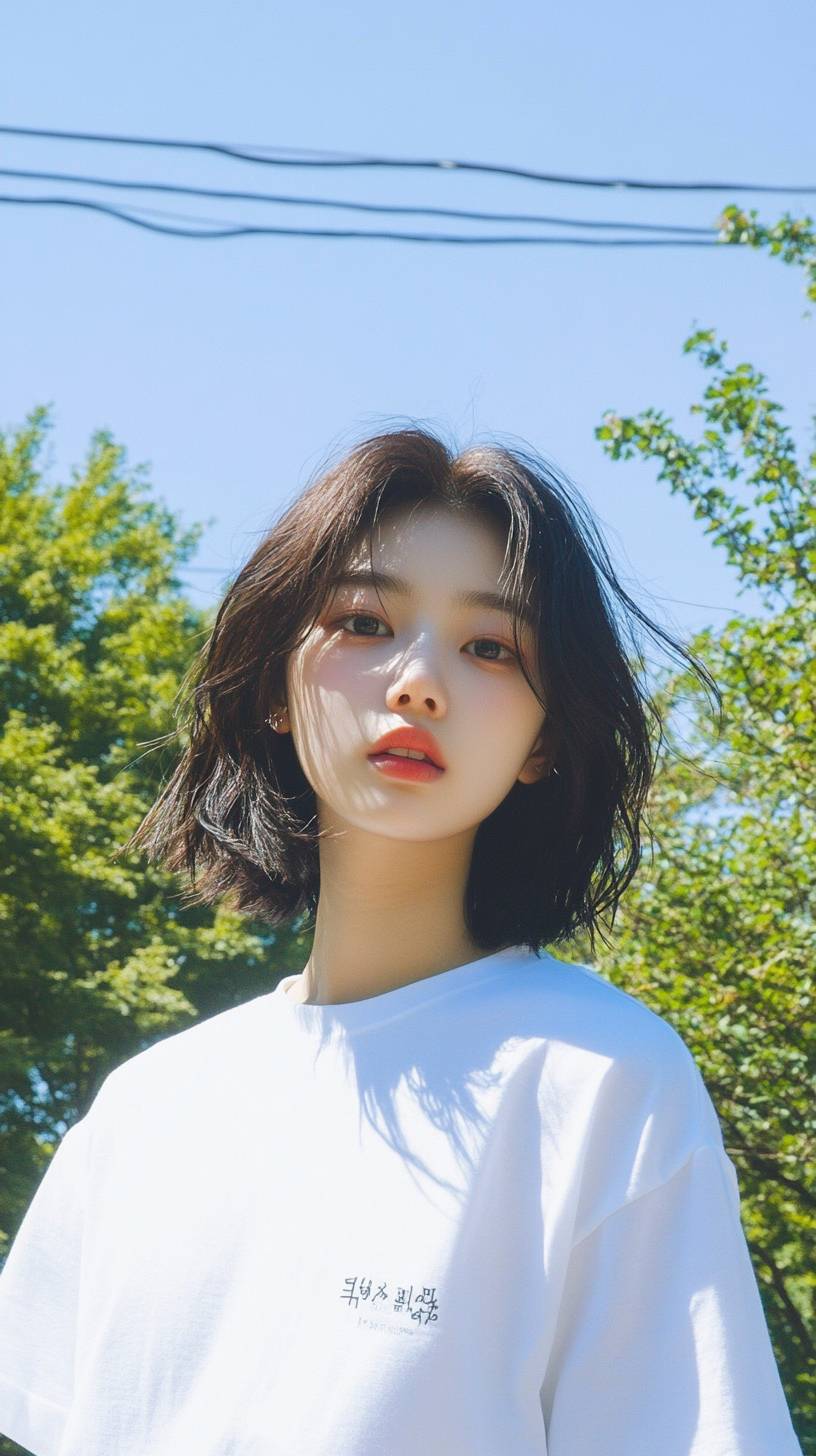 Una chica tomboy coreana con una camiseta blanca al aire libre en verano