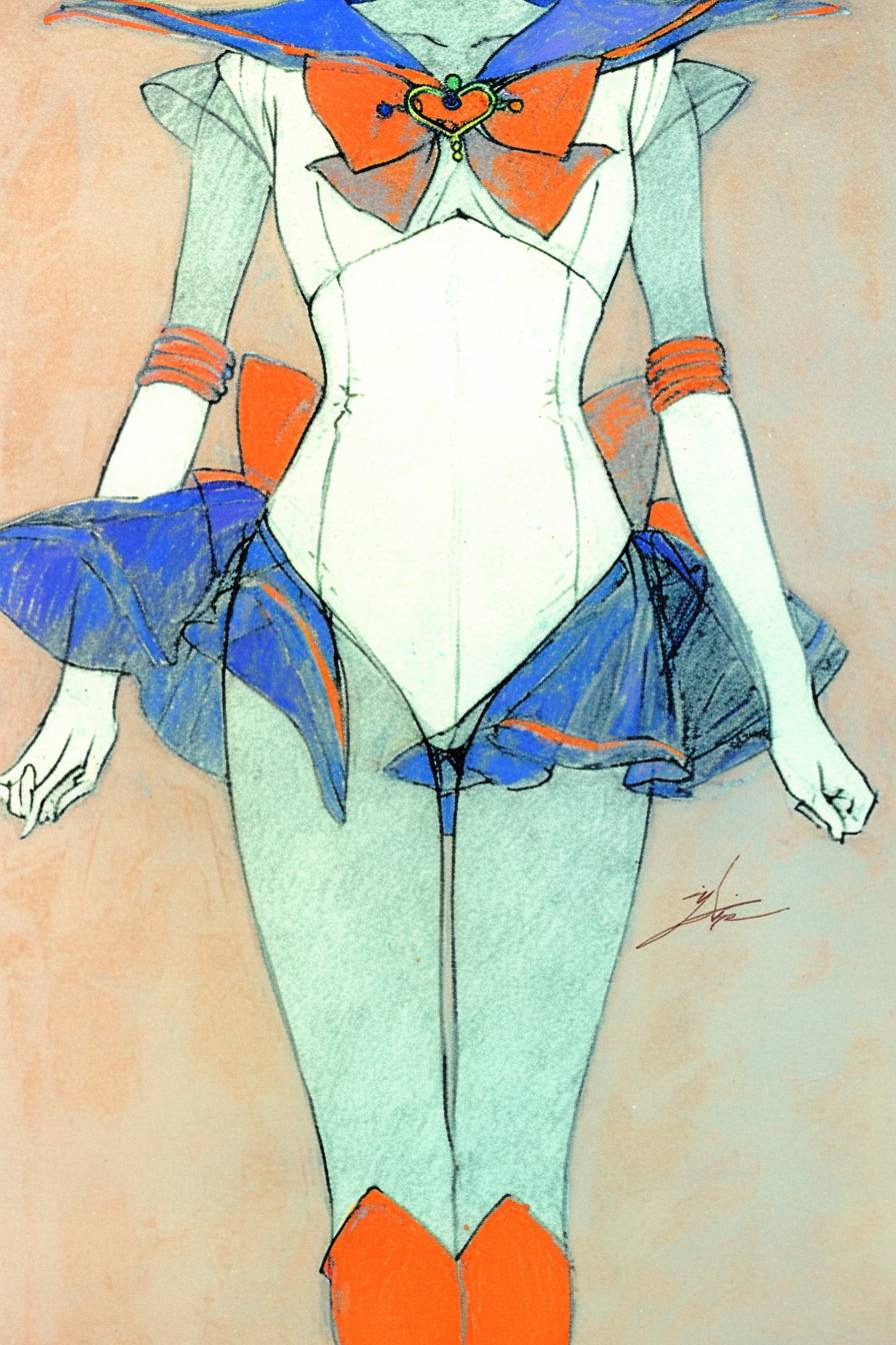 The outfit inspired by Sailor Moon features a white leotard, pleated blue mini skirt, red bow with a heart-shaped brooch, long white gloves, red knee-high boots, and a golden tiara with a red gem.