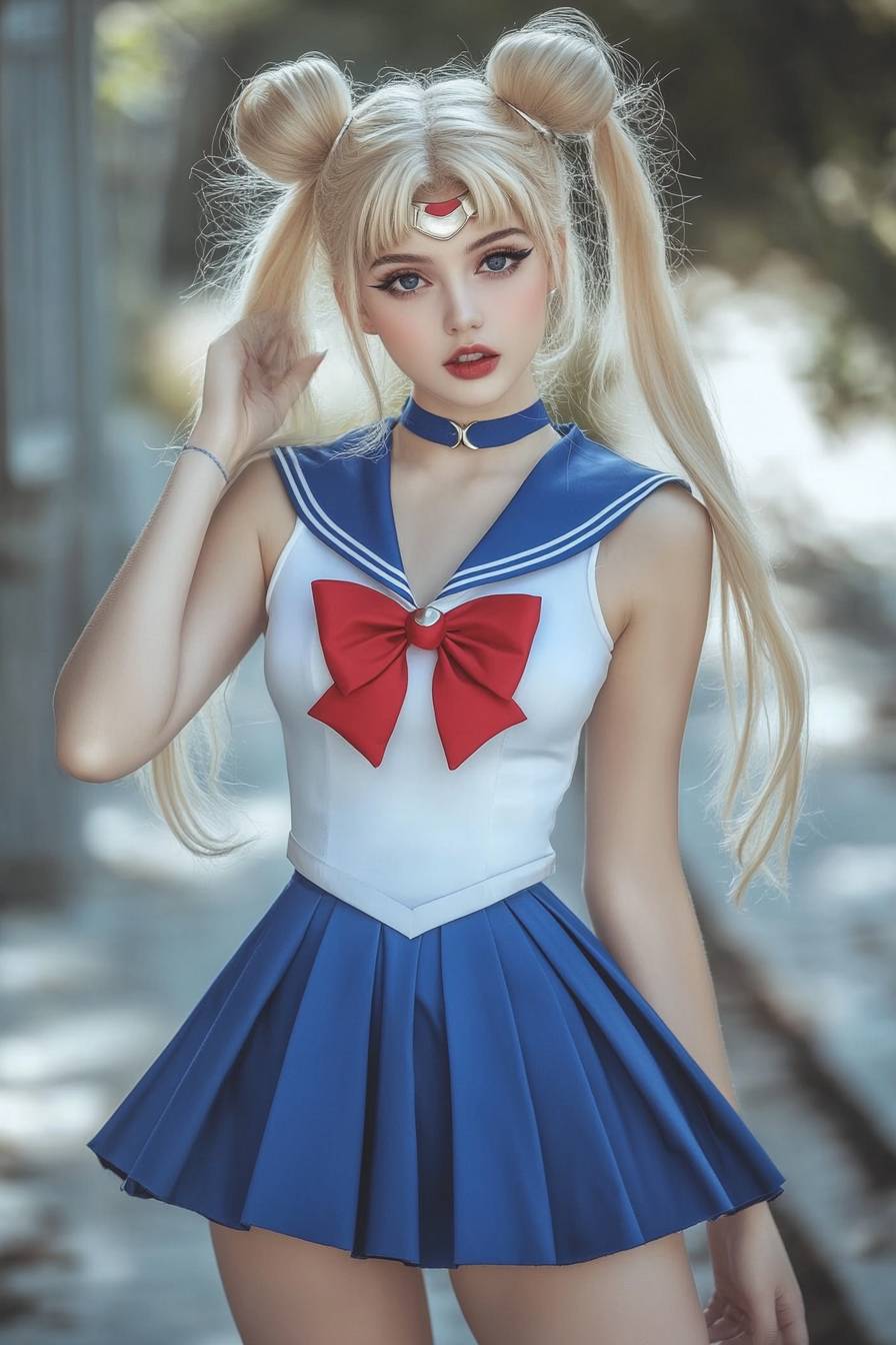 Une célébrité féminine déguisée en Sailor Moon, avec une jupe bleue emblématique, un col marin blanc avec un nœud rouge et des cheveux blonds en chignons.