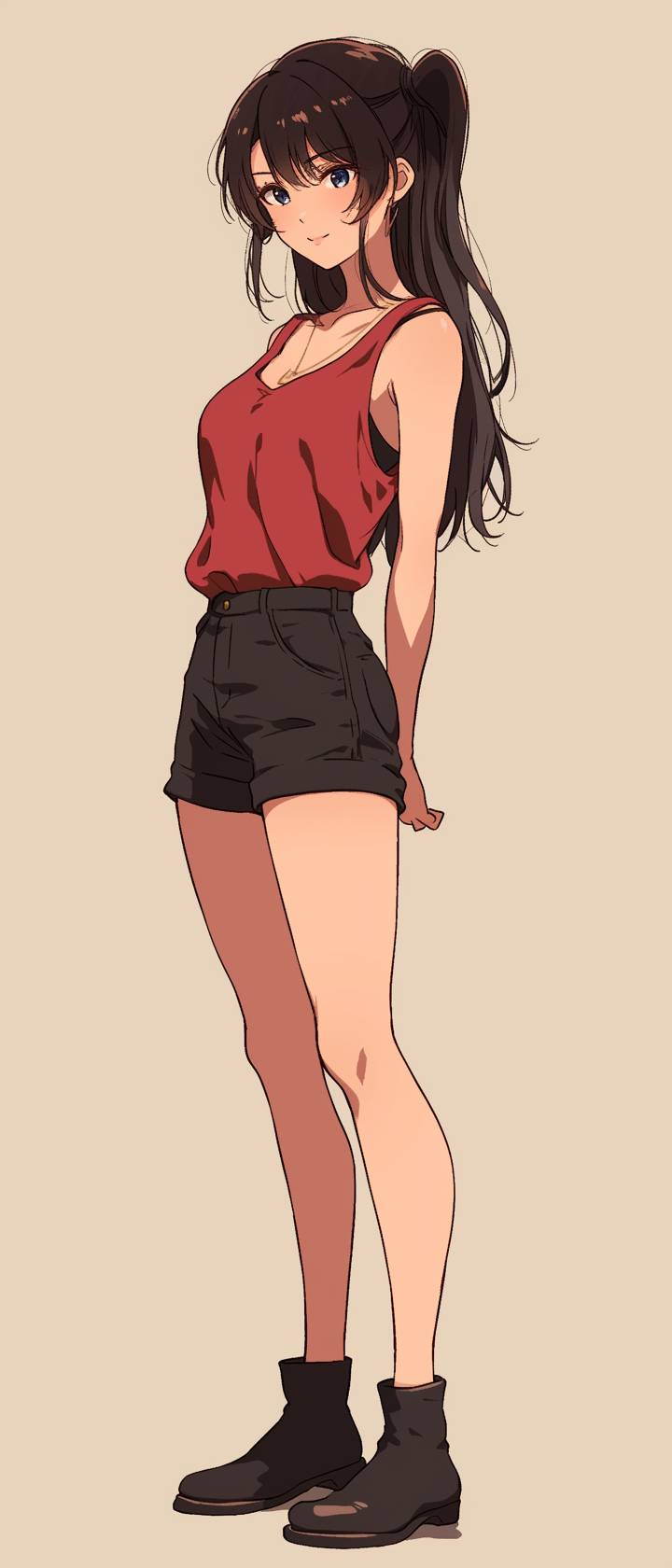 Mai Sakurajima veste uma blusa vermelha e shorts pretos, casual e chique para a primavera.