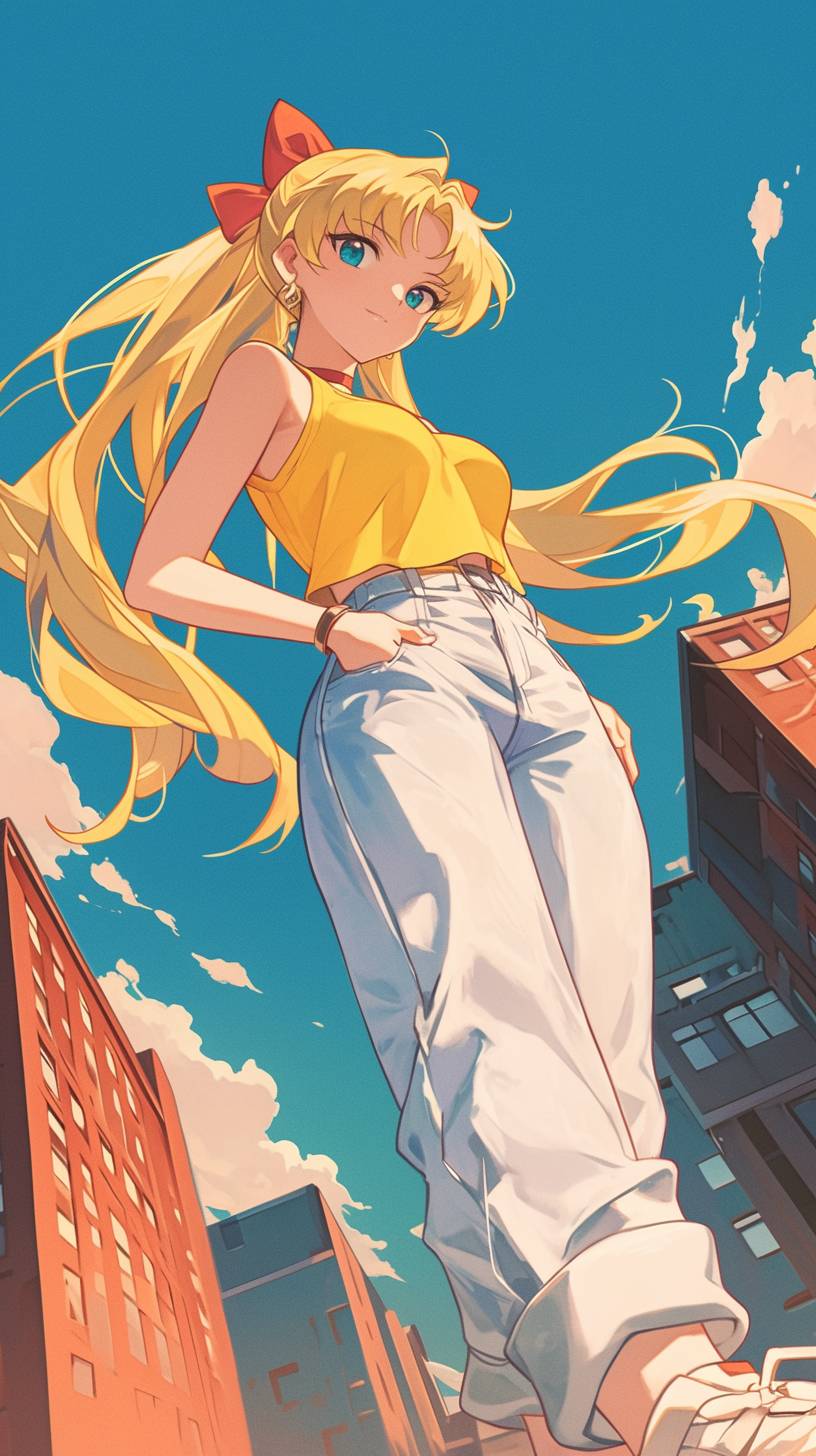 Sailor Venus porte un débardeur jaune sans manches et un jean blanc avec des baskets sportives, mettant en valeur la mode printanière.