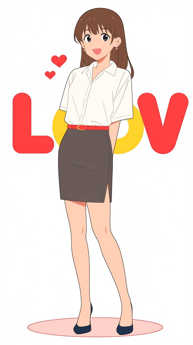 Ryouko Sakurai aus Domestic Girlfriend trägt eine schicke Bluse, einen Bleistiftrock und hohe Schuhe und zeigt einen modernen, professionellen Look, ruhig und selbstbewusst.