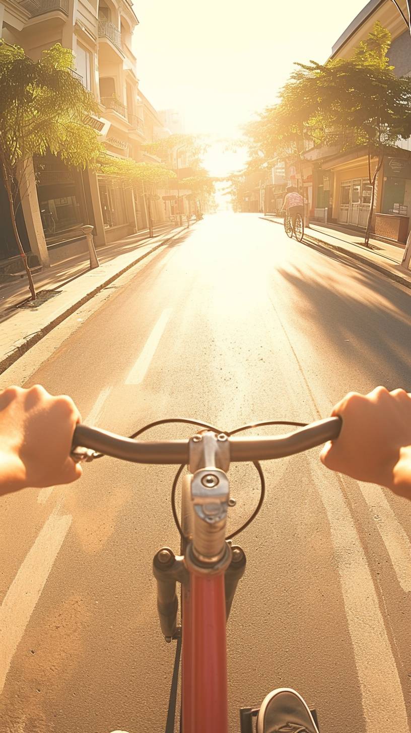 朝の8時、アメリカの若者が自転車に乗る様子がカメラに捉えられ、ハンドルを握る手が映し出される。