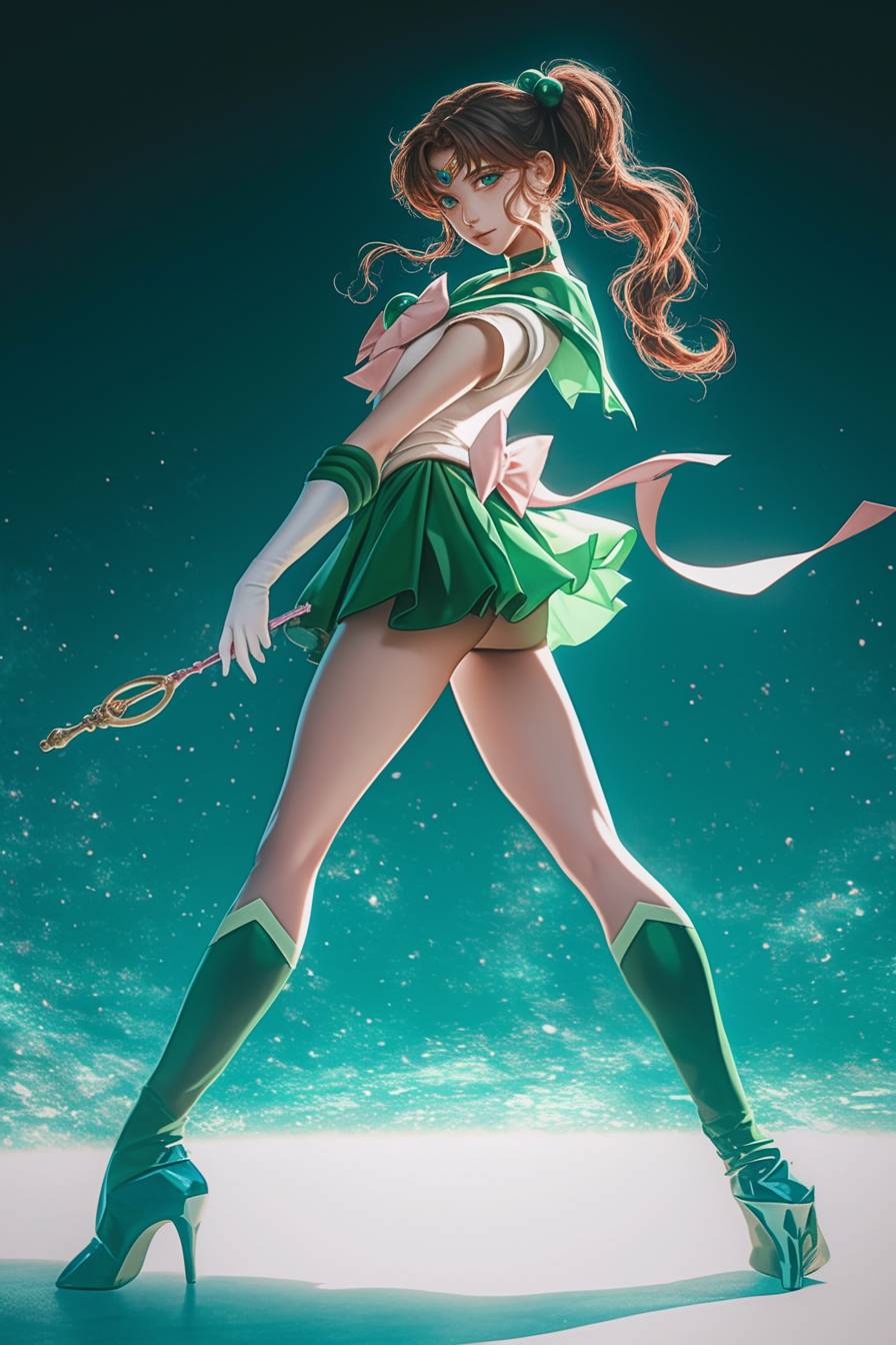 Model cosplaying as Makoto Kino from Sailor Jupiter, strong yet feminine, wearing a green sailor outfit with gold accents and thigh-high boots