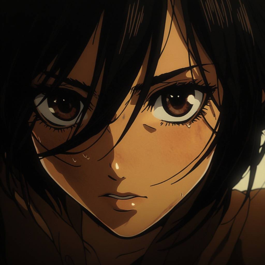 Mikasa Ackerman de L'Attaque des Titans, une fille d'anime courageuse, photo de profil en gros plan.