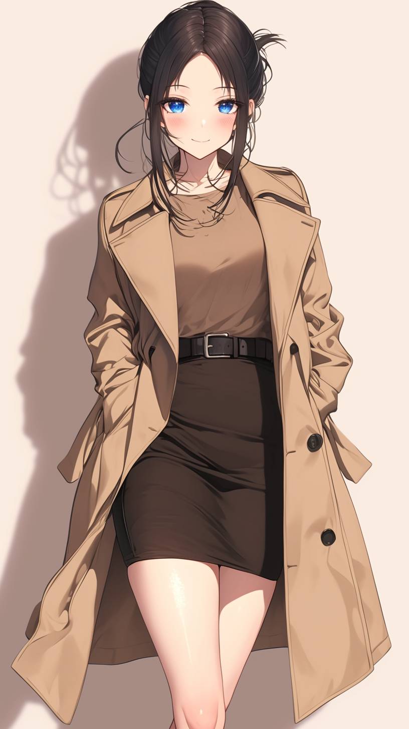 Kaguya Shinomiya from Kaguya-sama is dressed in a chic trench coat and pencil skirt.