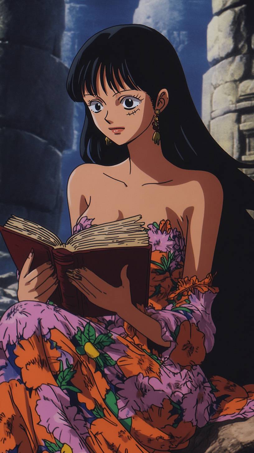 Nico Robin de One Piece, en robe florale, cheveux sombres flottants, lisant un livre sur fond de ruines anciennes.