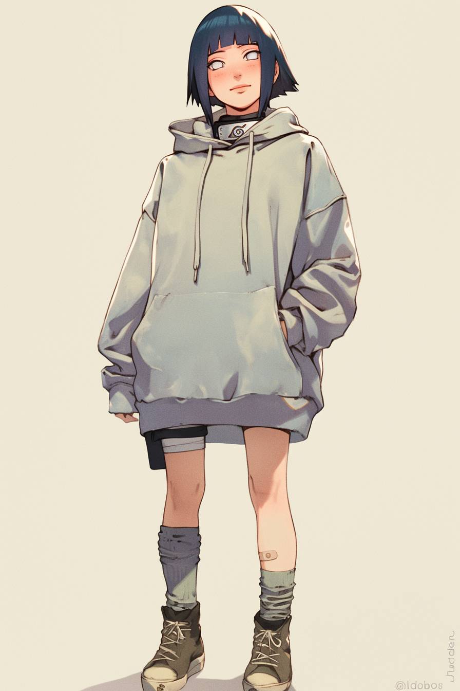 Hinata Hyuga aus Naruto, trägt einen übergroßen Hoodie und Sneakers, sieht jugendlich und modisch aus.