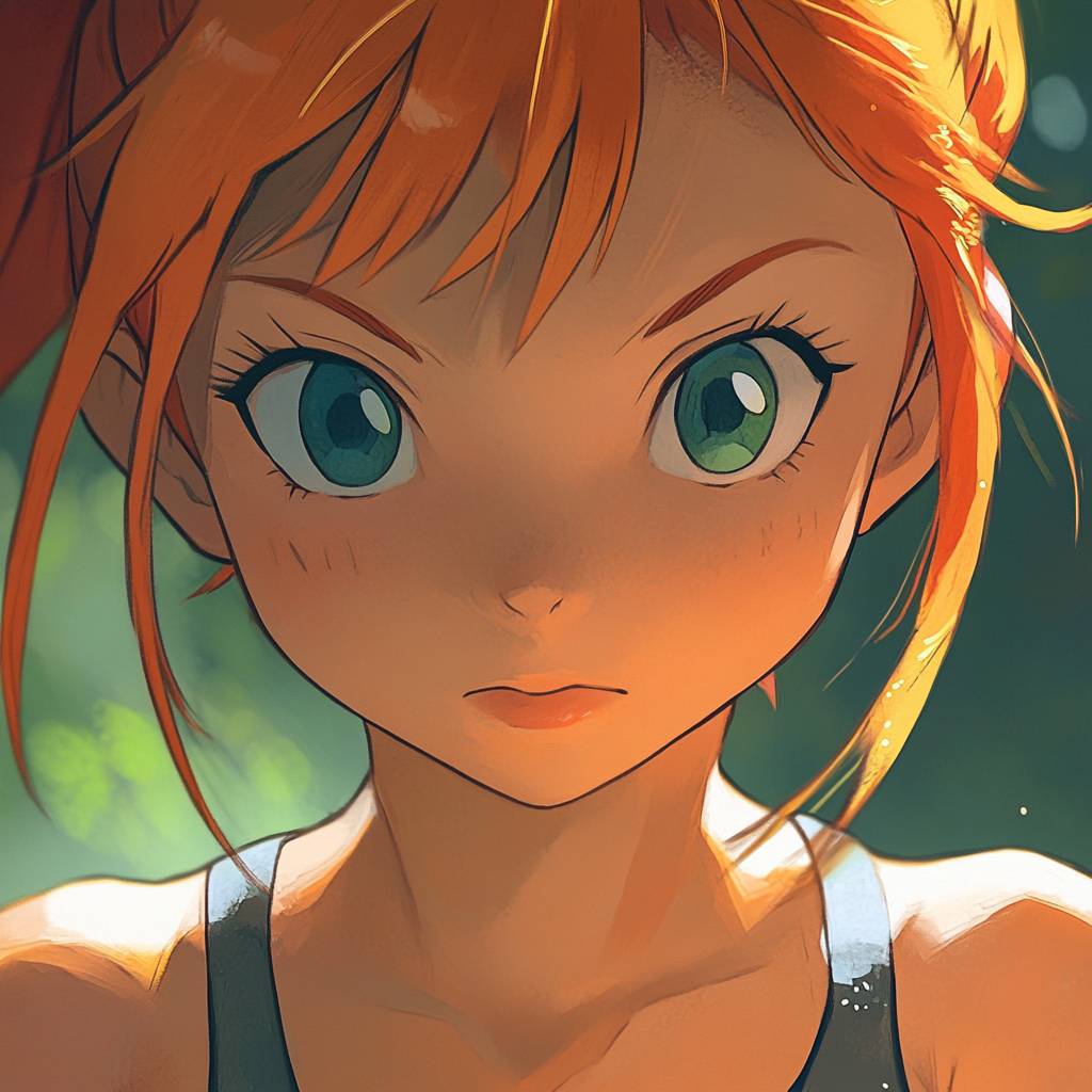 Misty de Pokémon, une fille d'anime déterminée en gros plan pour une photo de profil.