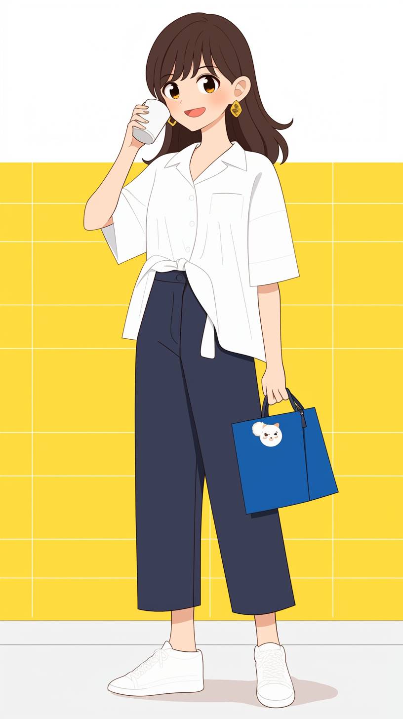 Mikako Satsukitane from Anemone wears a white blouse and high-waisted trousers, showcasing a confident business casual look.