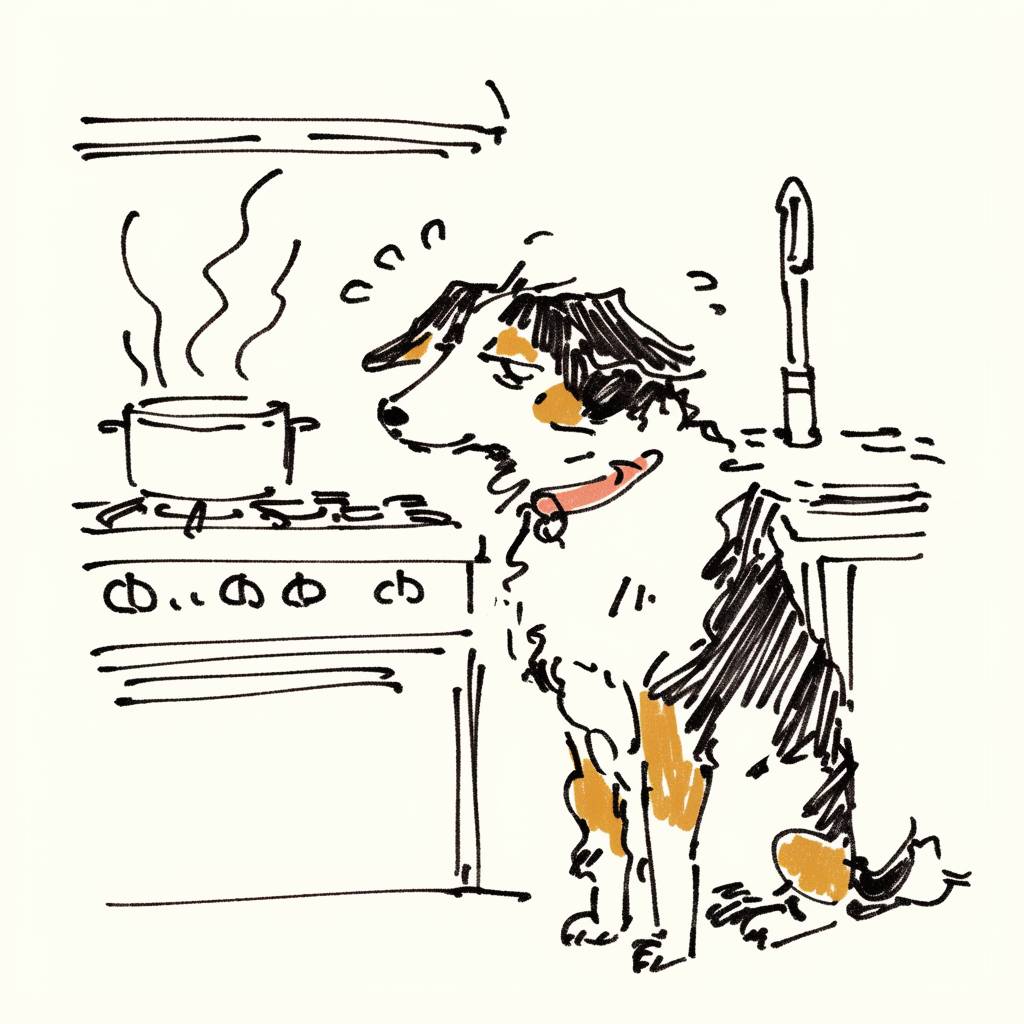 An Australian Shepherd is cooking and looks very depressed.