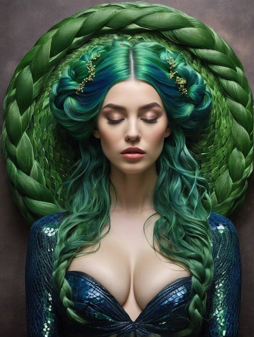 This is a female character related to nature and snakes, featuring long green hair and a green alligator leather style outfit.