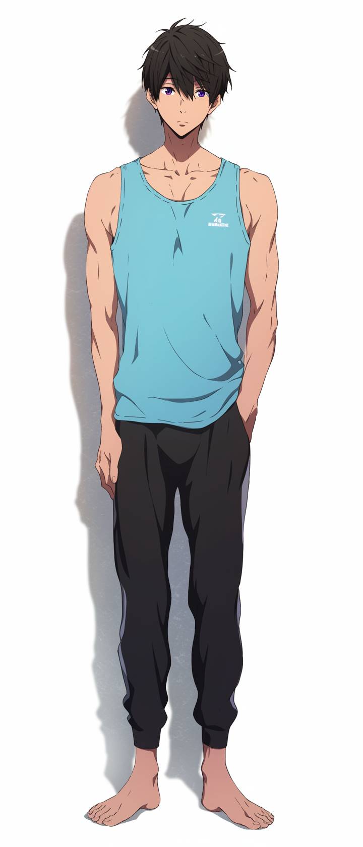 Haruka Nanase lleva una camiseta sin mangas azul claro y pantalones de chándal negros, un look deportivo de primavera perfecto para entrenar en natación.