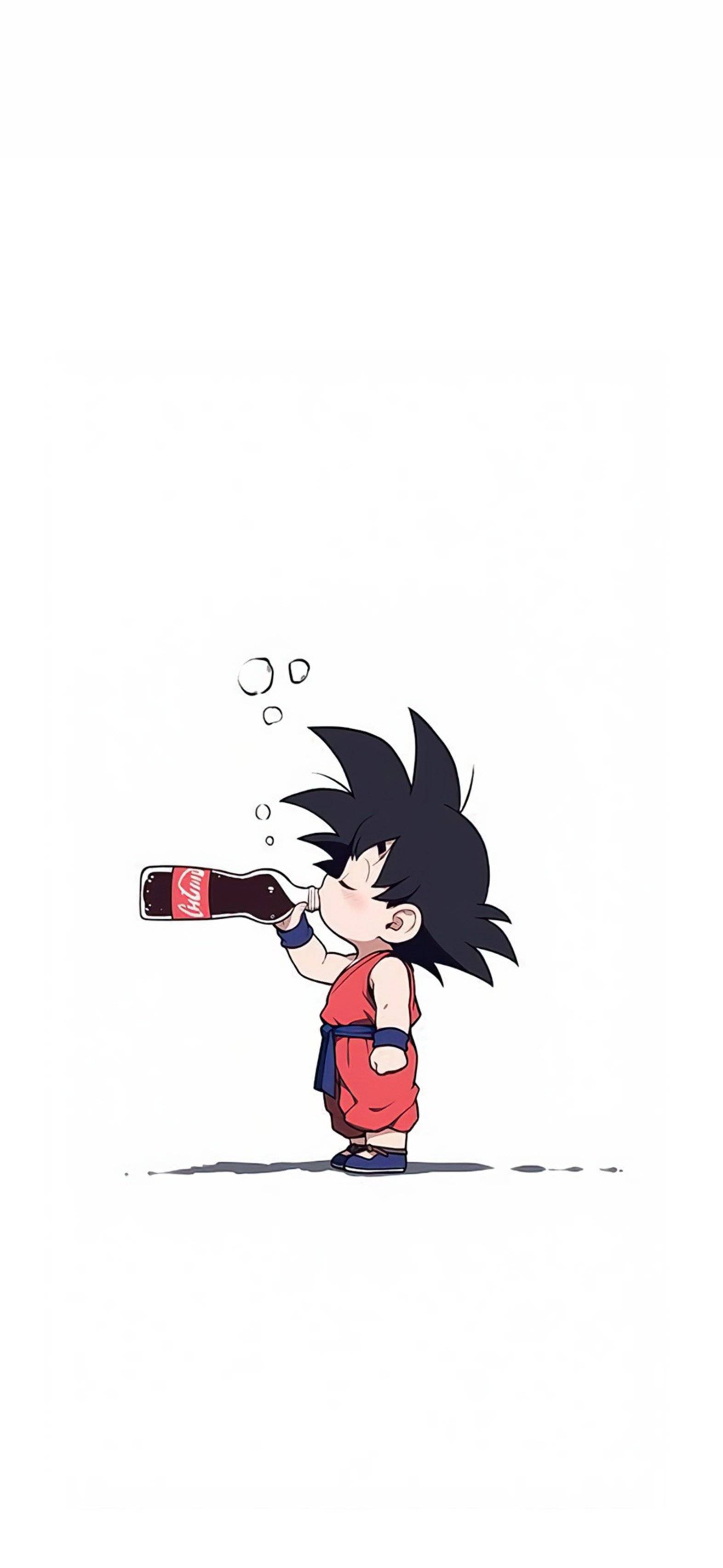 Un niño lindo bebiendo Coca-Cola y escupiendo burbujas, vestido de rojo y con pelo negro corto, al estilo de Goku de Dragon Ball.