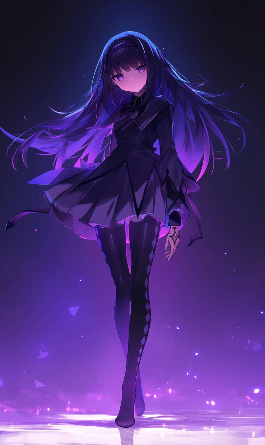 Icône de la mode déguisée en Homura Akemi, mystérieuse et élégante dans une robe violette foncée, collants noirs, bottes jusqu'aux genoux, expression sérieuse sur fond sombre.