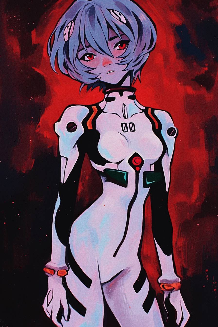 Rei Ayanami trägt einen weißen Anzug mit schwarzen und roten Details, kurze blaue Haare und einen ruhigen Ausdruck.