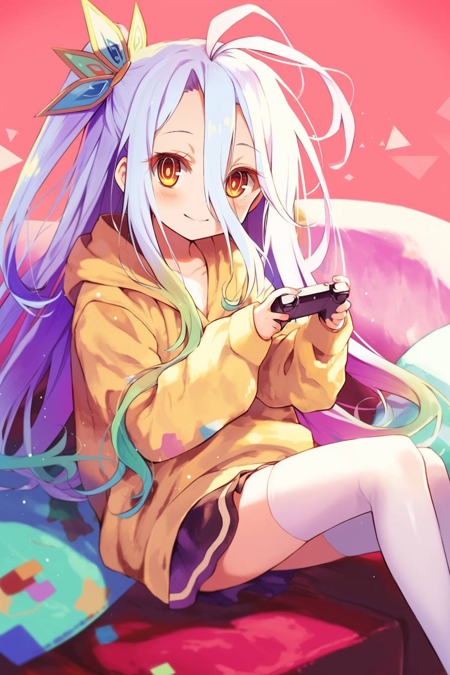 Shiro from No Game No Life showcases a stylish gamer aesthetic in a cute pastel hoodie and high-waisted skirt.