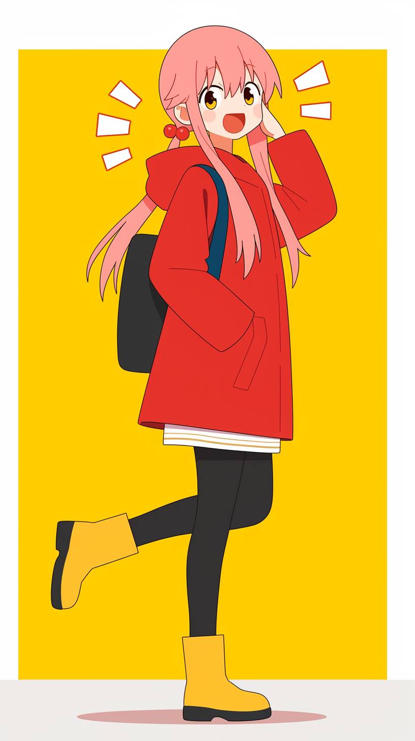 Yuno Gasai from Future Diary wears a stylish red coat, black leggings, and high boots, showcasing an edgy yet cute style against a cold winter background.