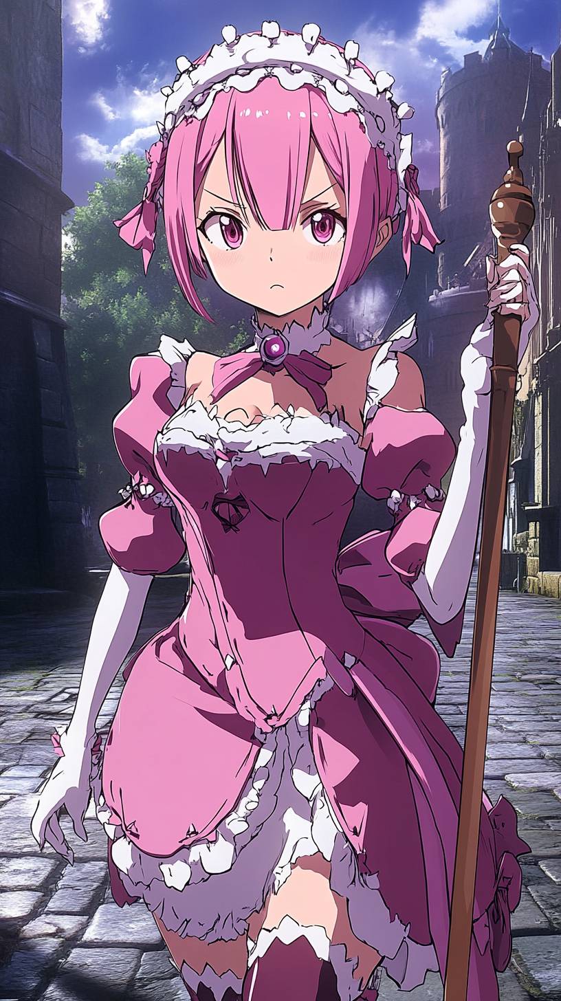 Ram de Re:Zero, vestindo um traje de empregada rosa, com uma expressão severa, segurando um bastão no pátio do castelo ao crepúsculo.