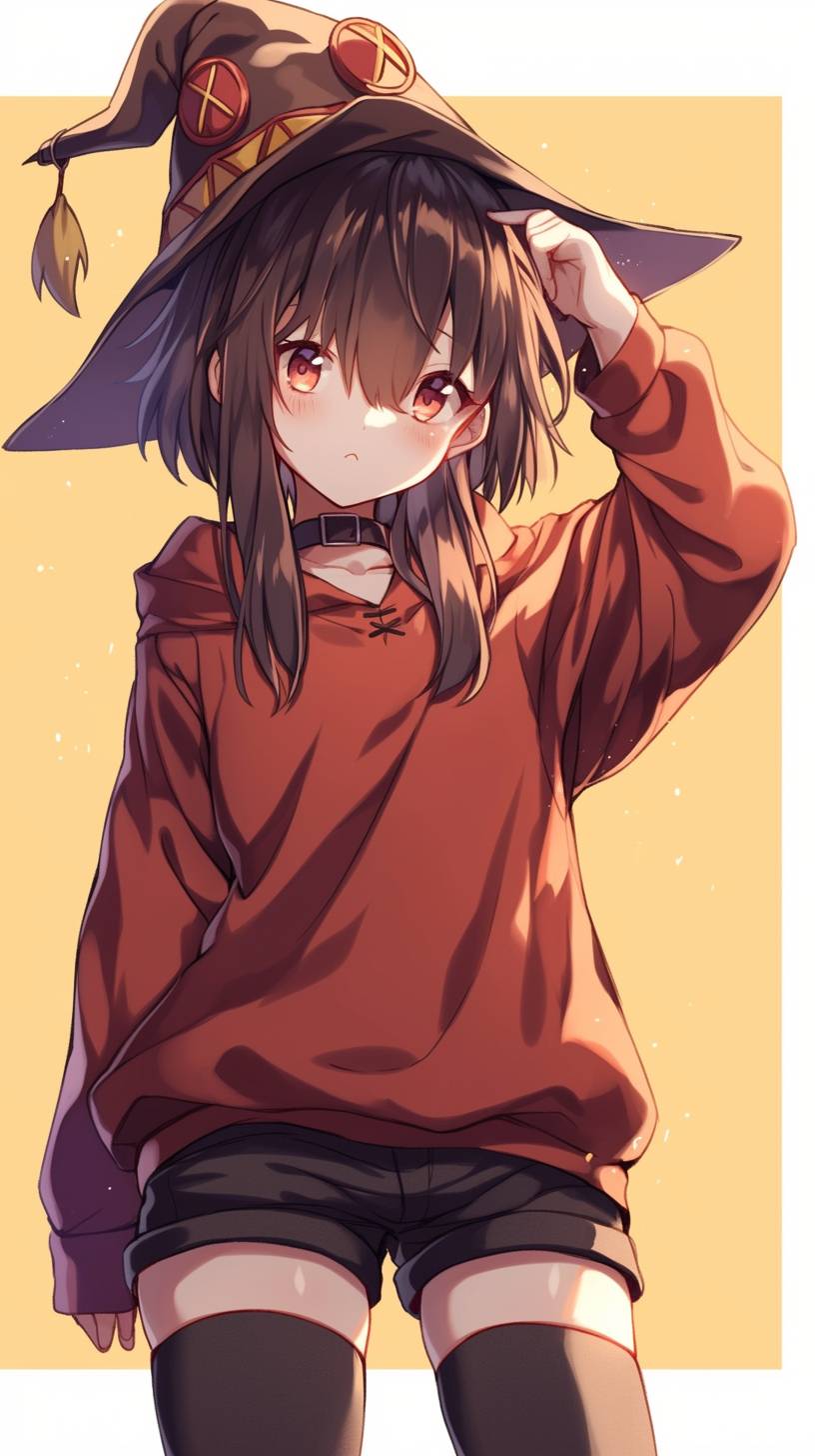 Megumin from Konosuba, cute and playful in a hoodie and mini skirt, comfortable yet trendy.