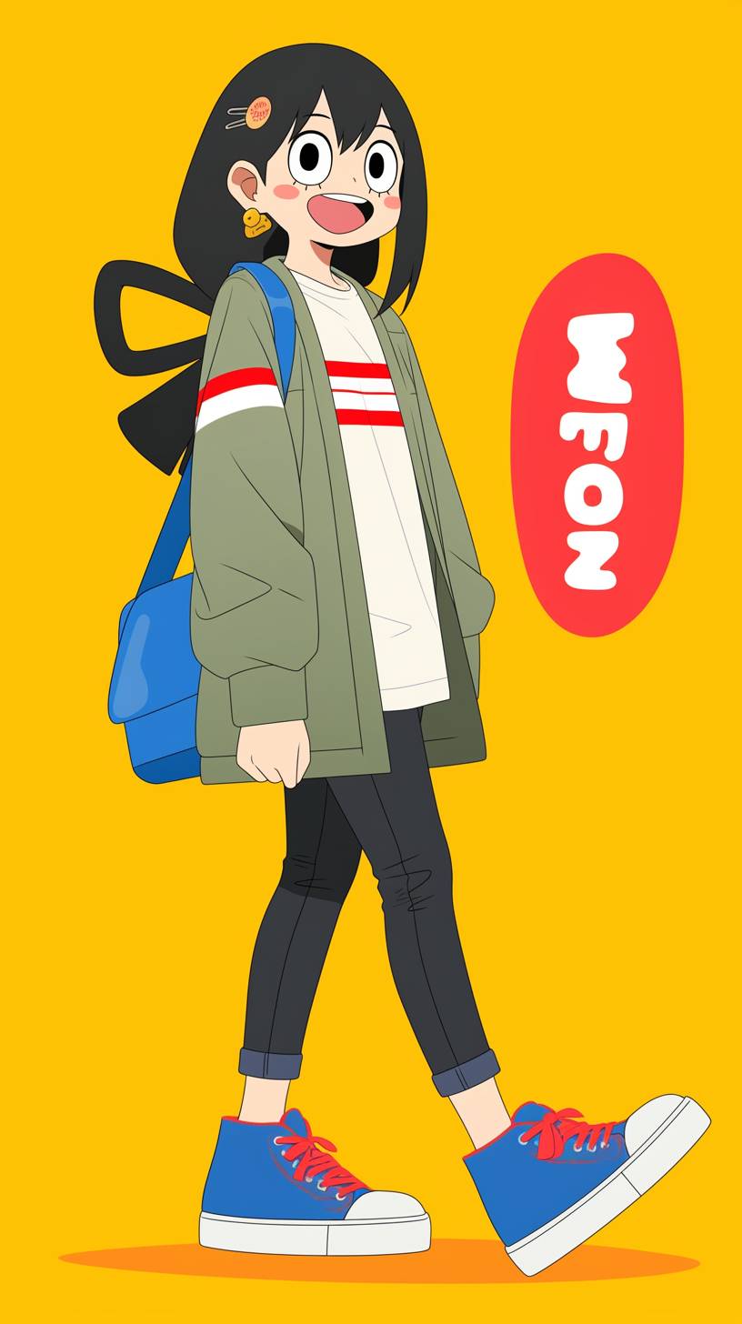 Tsuyu Asui from My Hero Academia is wearing a green jacket, black jeans, and boots, showcasing a quirky and cute style in a playful pose.