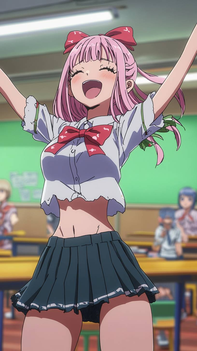 Chika Fujiwara in a playful dance pose with pink hair and a bow in a vibrant classroom.